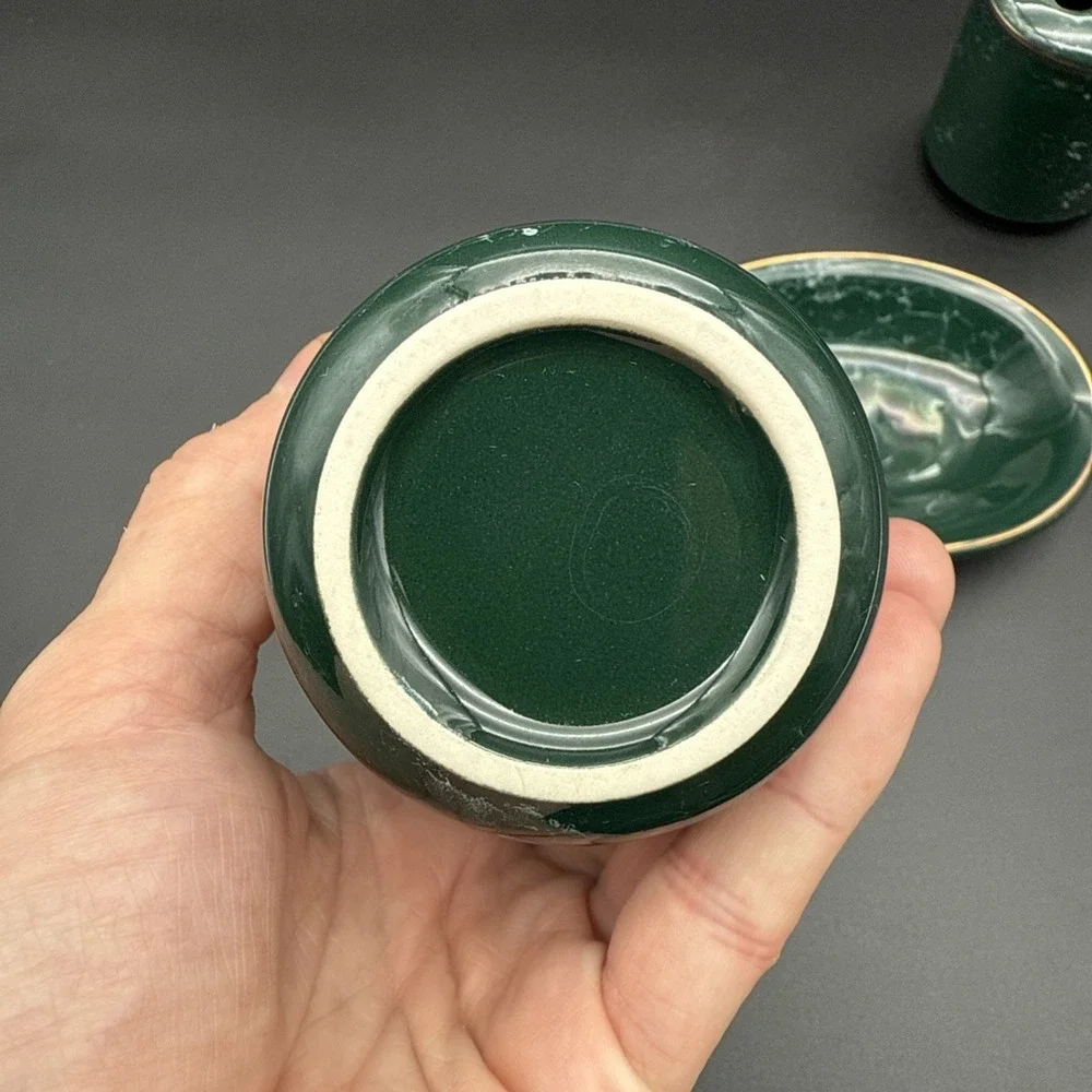 Green Marble Soap Dish Tumbler Toothbrush Holder Bathroom Set Vintage Gold Rim‎